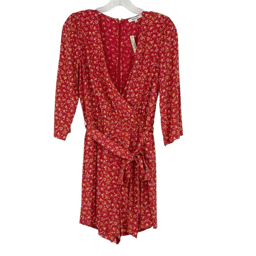 NWT Madewell Red Floral Wrap  Style Romper Elastic Waist Sz 4 V-Neck Feminine